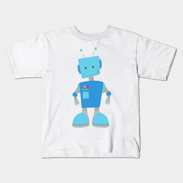 Cute Robot, Funny Robot, Silly Robot, Blue Robot Kids T-Shirt by Jelena Dunčević